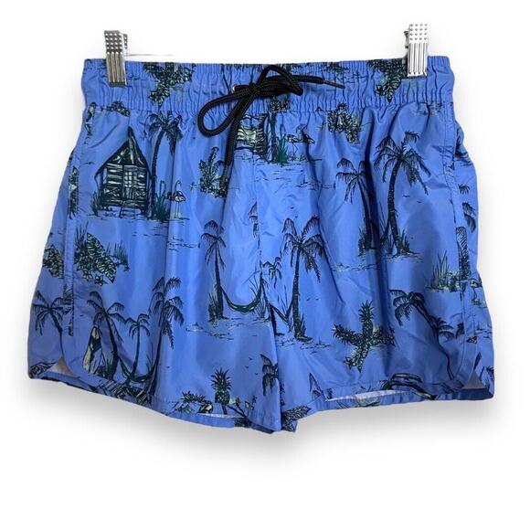 H&M Men's‎ Swim Shorts Sz M Light Blue Palm Tree Drawstring Elastic Waist Lined - Picture 3 of 6